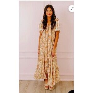 In Loom Boho Floral Midi Dress Cottage Core Dress Prarie Soho Beige Multi Sz S
